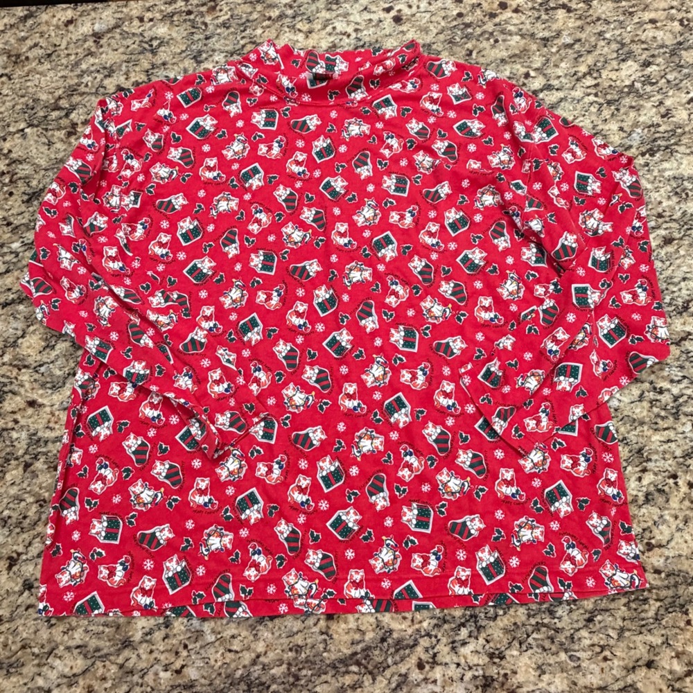 NutCracker Christmas Kitty Mock Neck Top Red Long Sleeve Cat Print Shirt XL